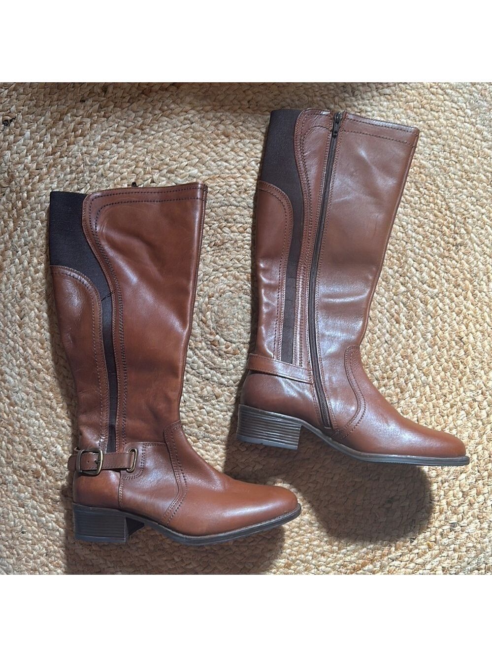 Jessica Cognac Leather Wide Calf Buckle Knee High Riding Boots with Elastic Back